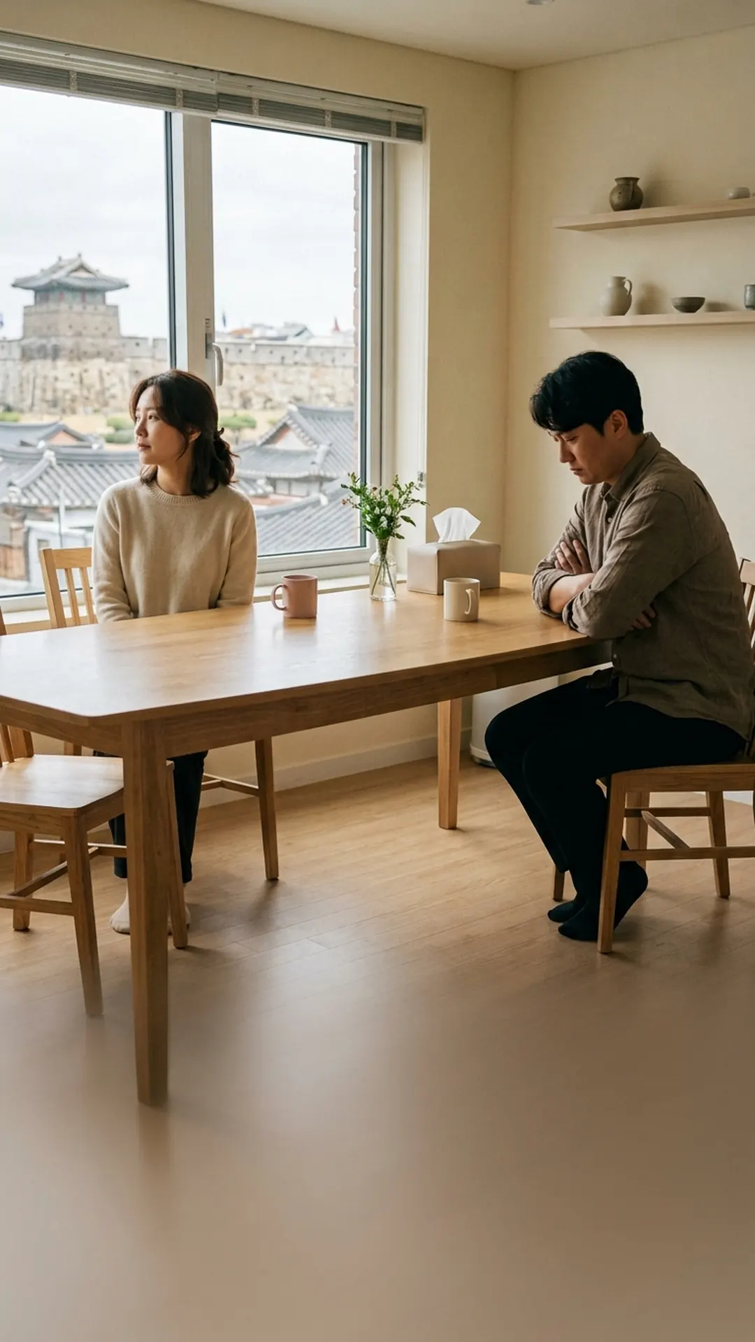 거실 식탁에 마주 앉아 이야기를 나누는 부부 — 연출 이미지