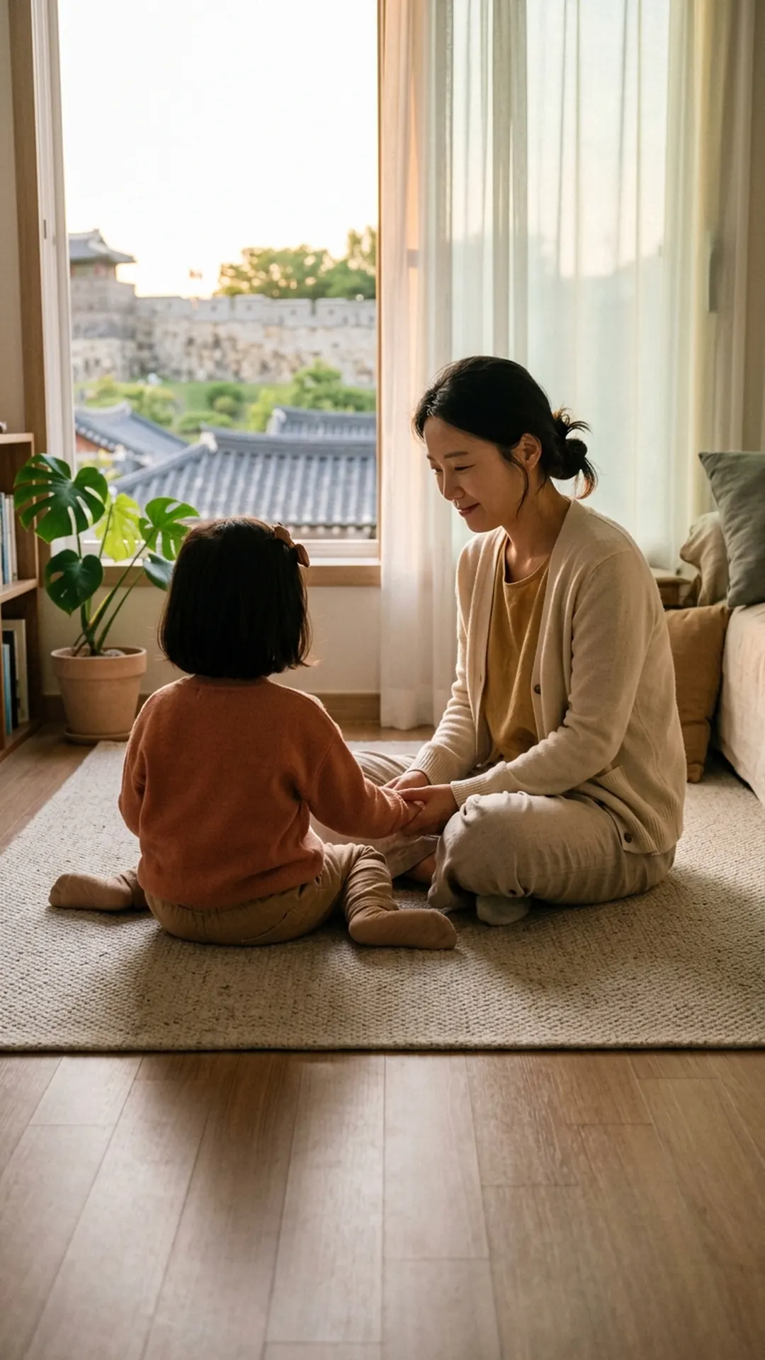 거실 바닥에서 아이와 마주 앉아 대화하는 부모 — 연출 이미지