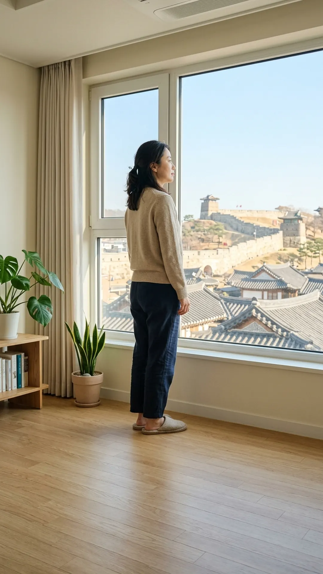 창가에 서서 생각에 잠긴 여성 — 연출 이미지